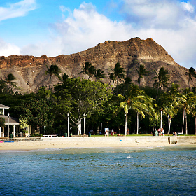 Looking up at the volcano known as Diamond Head from the beaches of Waikiki.